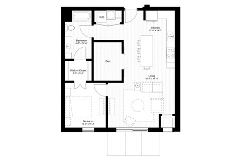 Floor plan for 1 bed, 1 bath, 848 sqft